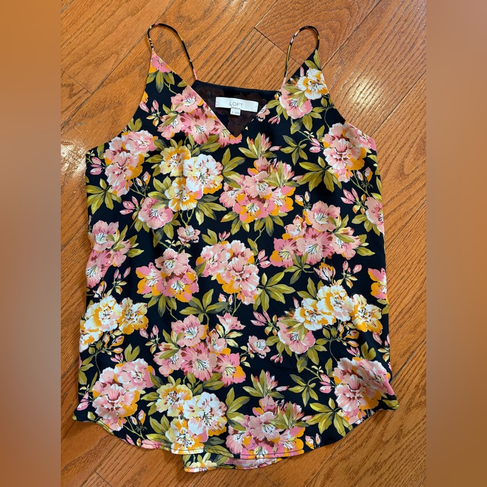 LOFT Floral V-Neck Cami Tank Top – Black Pink Yellow – Size M